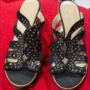 Black wedge sandals with rhinestones
